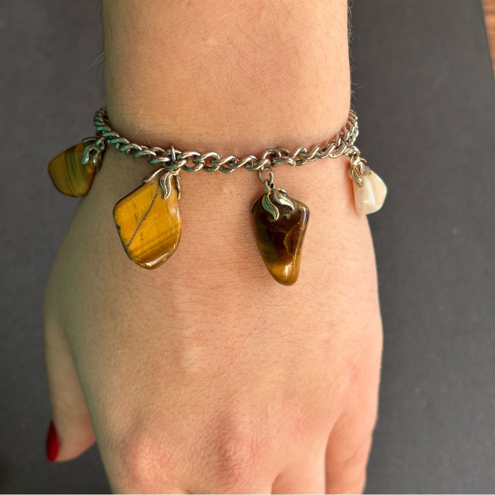 ReMixed Handmade Vintage Tiger’s Eye & Gypsum Boho Charm Bracelet | Size 7.5 IN - Picture 4 of 6
